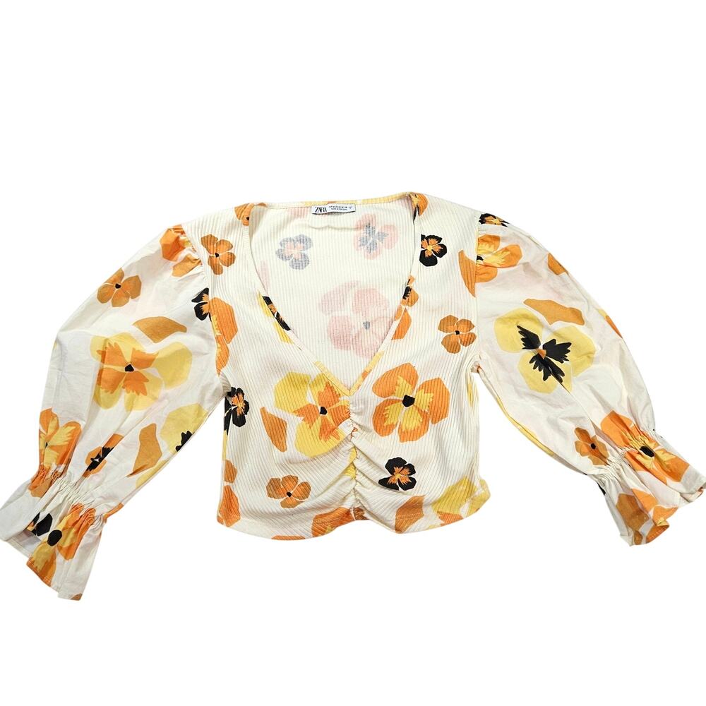 Zara Floral Cream/Orange/Yellow Medium Crop Top Smocked NWOT Cottage Y2K